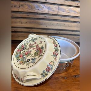 Vintage Bombay Company Floral Casserole Dish w/ Metal Warming Stand Chafing Dish